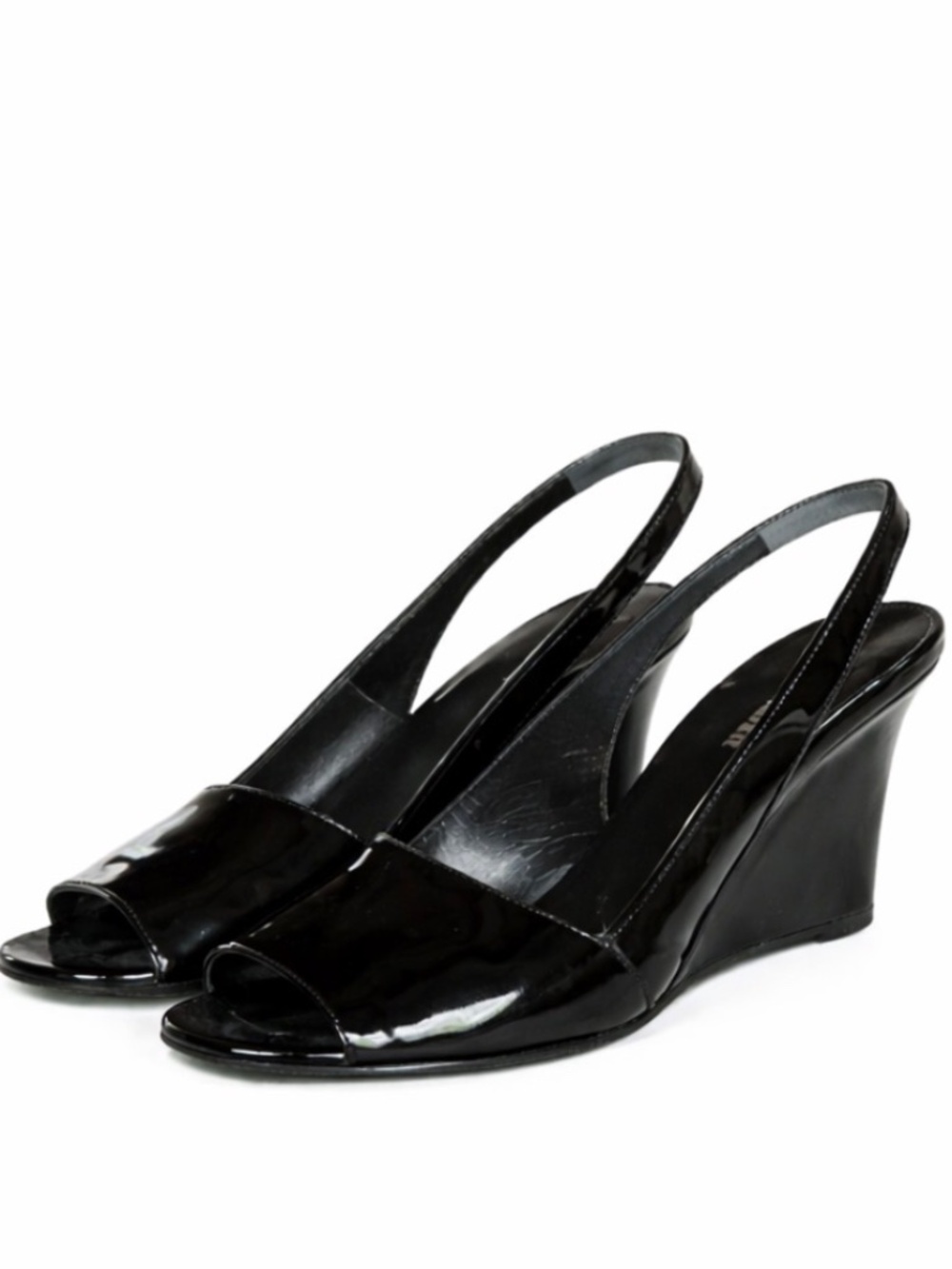 Jil Sander black patent leather sling back wedge heels